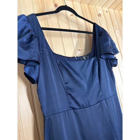 NWT Lulus Ultimate Sweetness Navy Satin Flutter Sleeve Maxi Dress Wedding Sz XL - Picture 6 of 9